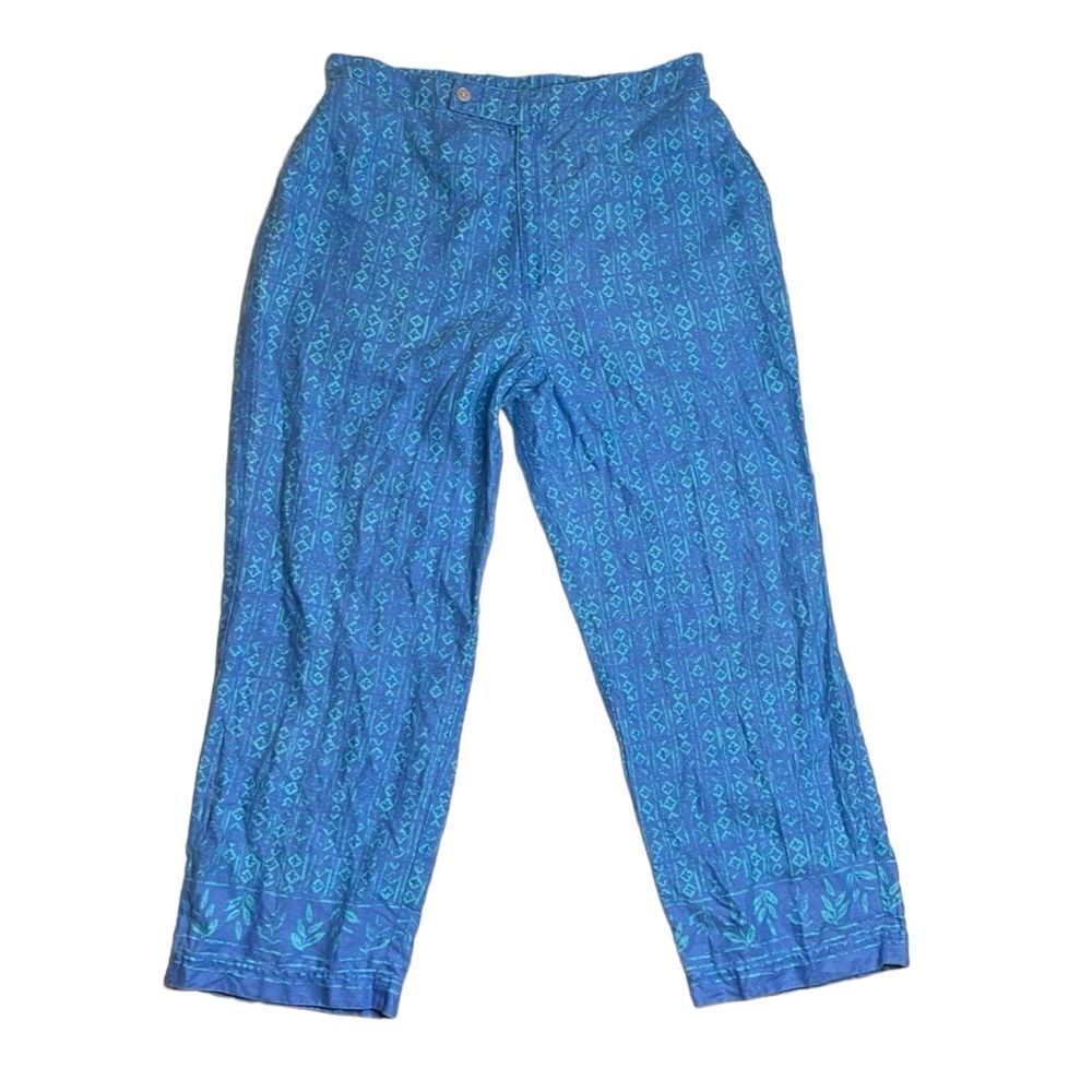 90s Vintage High Waisted Blue Geometric Print Linen Pants Size 12 Sigrid Olsen